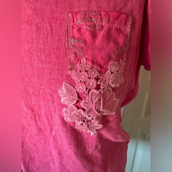 Hot pink linen blend top with silver metallic thread edging - Picture 3 of 9